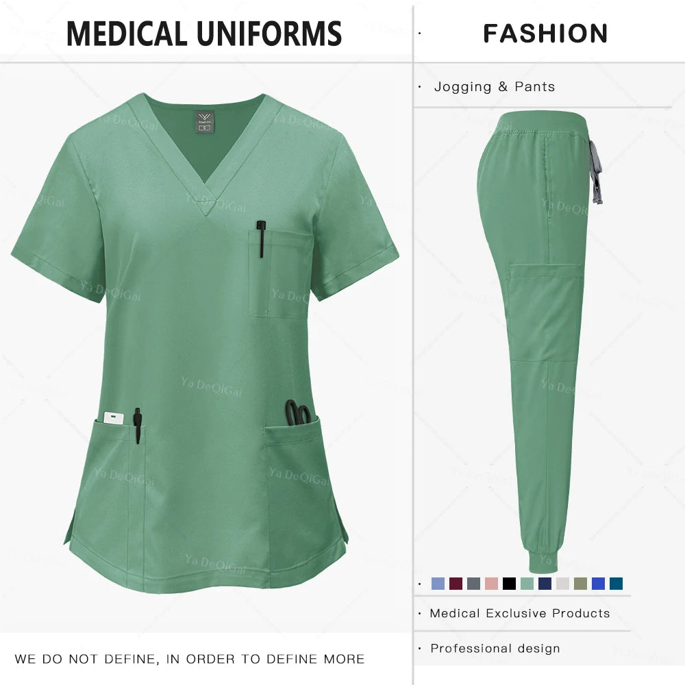 Green medical uniform set with scrub top and pants on a white background.
