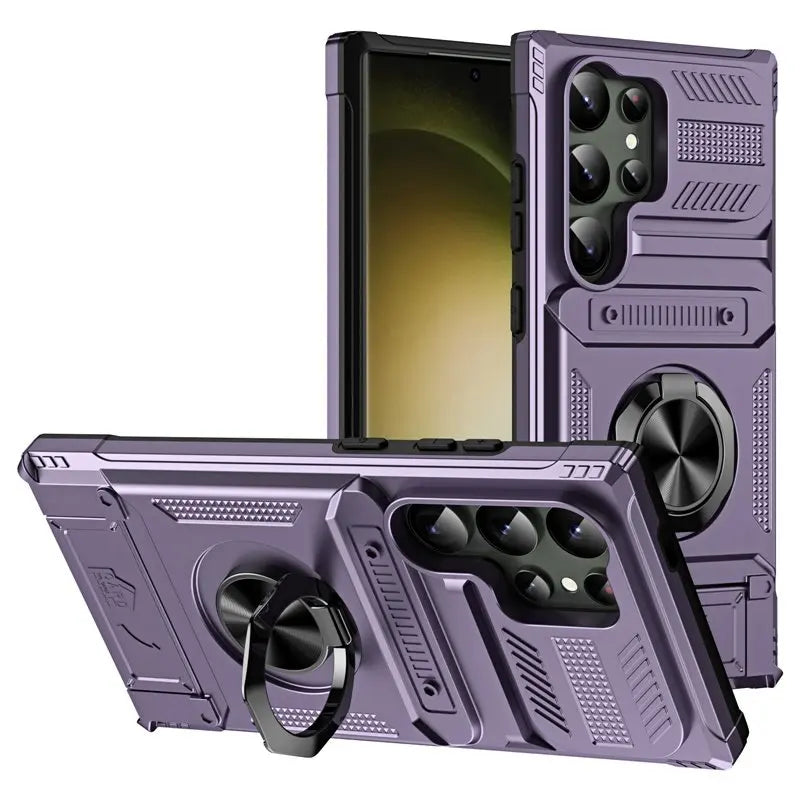 Purple phone case with stand and ring holder on a white background