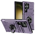 Purple phone case with stand and ring holder on a white background