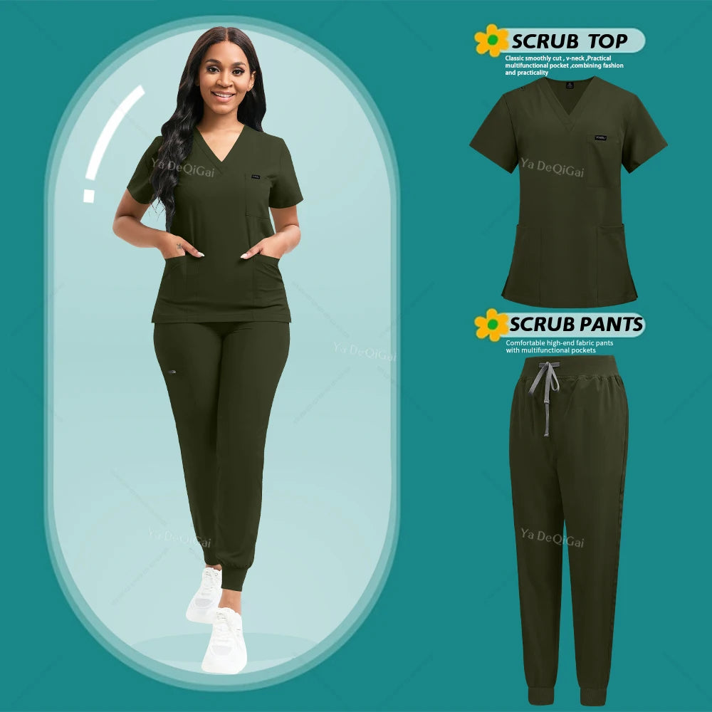 Woman wearing a green scrub set with separate images of scrub top and pants on a teal background.