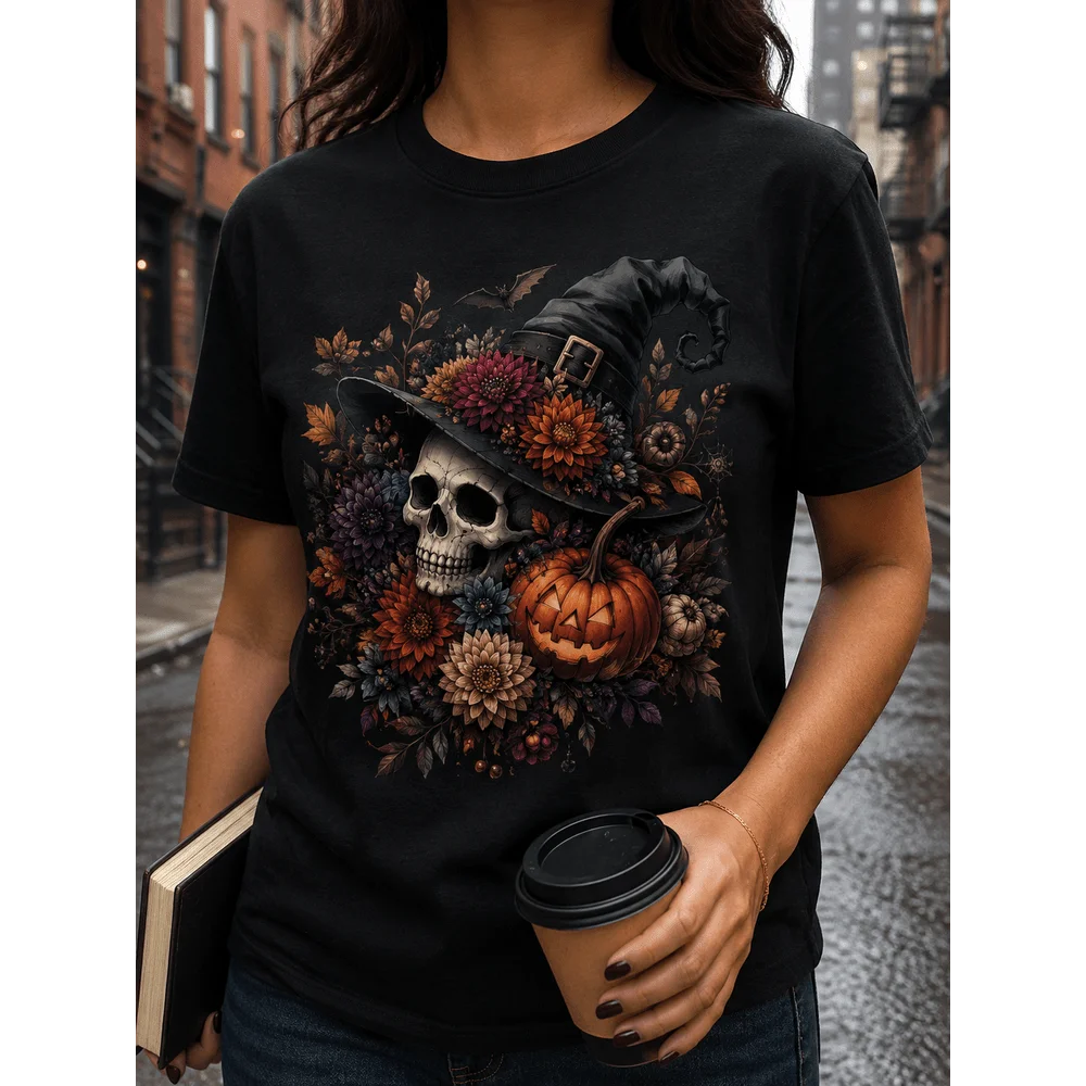 レディース ハロウィン スカル・魔女柄 Tシャツ