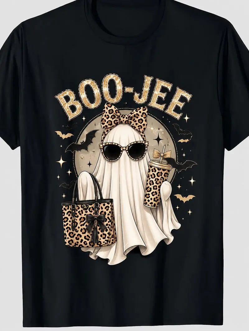 A black short-sleeve crewneck t-shirt featuring a Halloween graphic print. The design shows a ghost in a leopard-print bow and sunglasses, holding a leopard-print tote bag and a drink, with the text 'BOO-JEE' in leopard-print letters above.