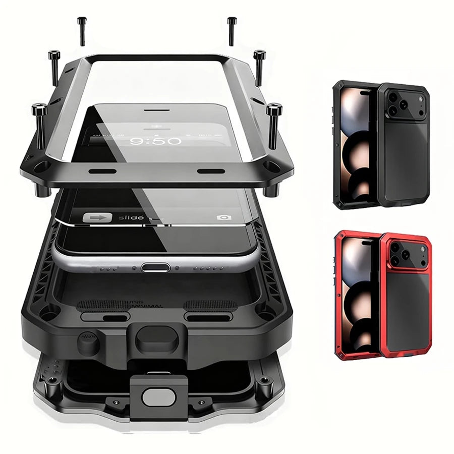 Heavy Duty Metal Armor iPhone Case | 360° Full Body Protection with Built-In Screen Protector