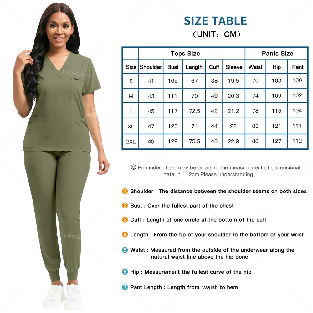 Woman wearing a green outfit with a size chart on a white background