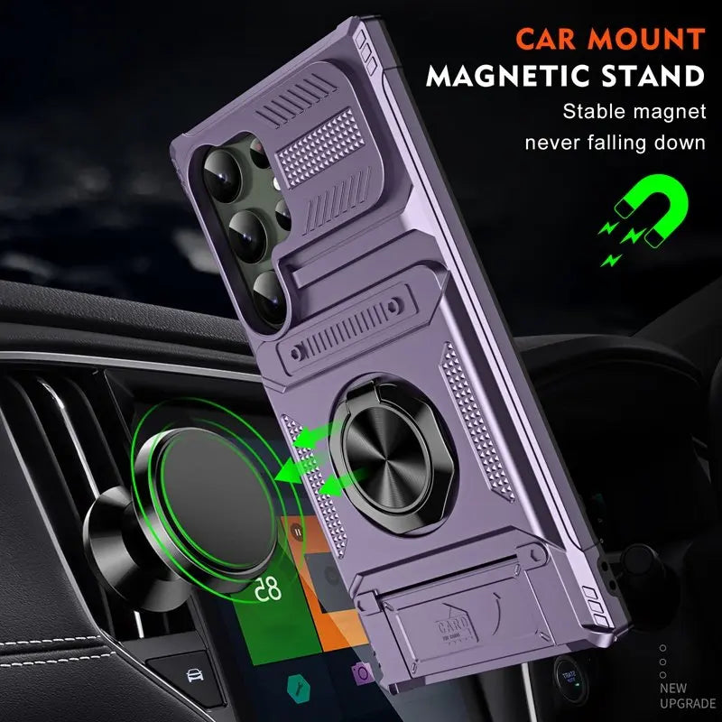 Purple car mount magnetic stand with stable magnet feature on a dark background