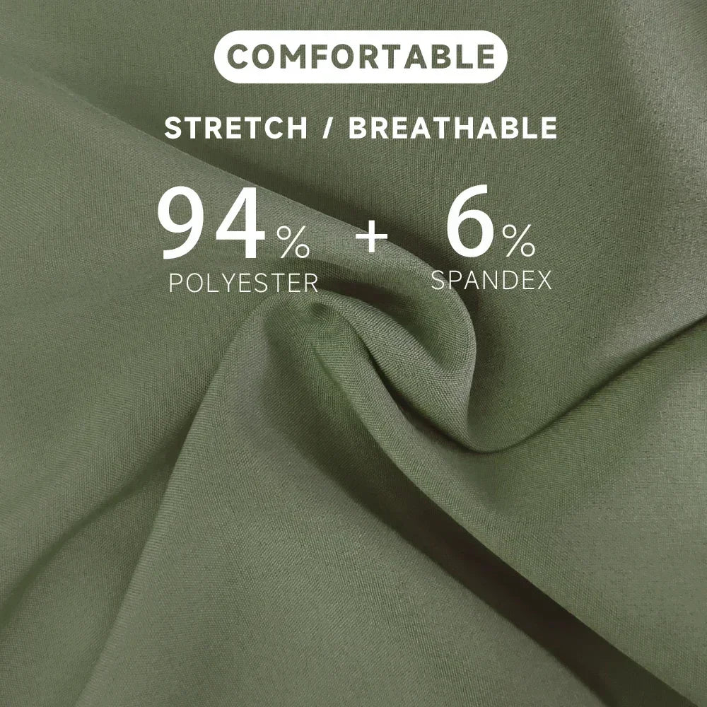 Green fabric with text indicating stretch and breathable properties, and material composition.