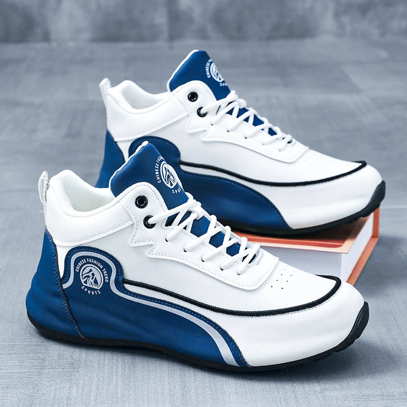 White and blue sneakers with a brand logo on a gray background