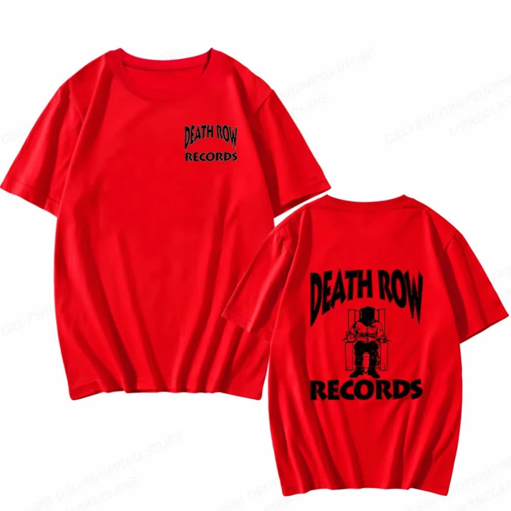 A red short-sleeve t-shirt shown from both the front and back. The front features a small black graphic on the left chest reading 'DEATH ROW RECORDS'.
