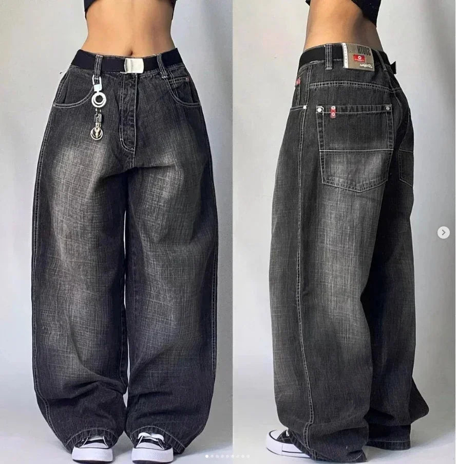 Black wide-leg jeans shown from front and back on a plain background
