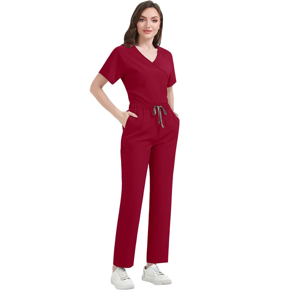 Woman wearing a red jumpsuit on a white background