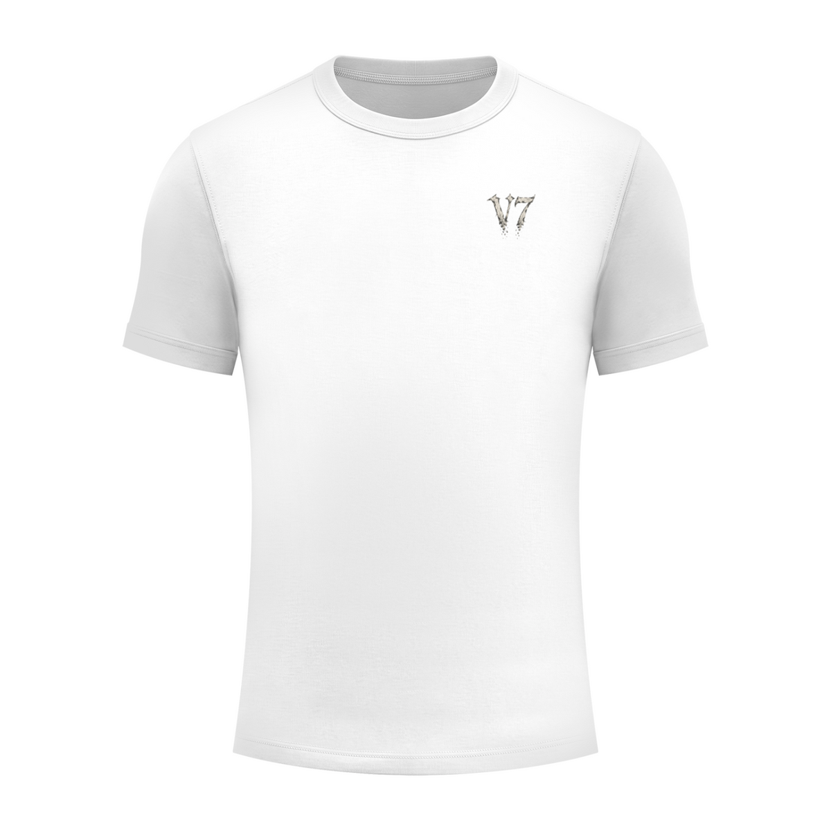 A white short-sleeve crewneck t-shirt with a small metallic silver graphic on the left chest, displayed on a clean white background.