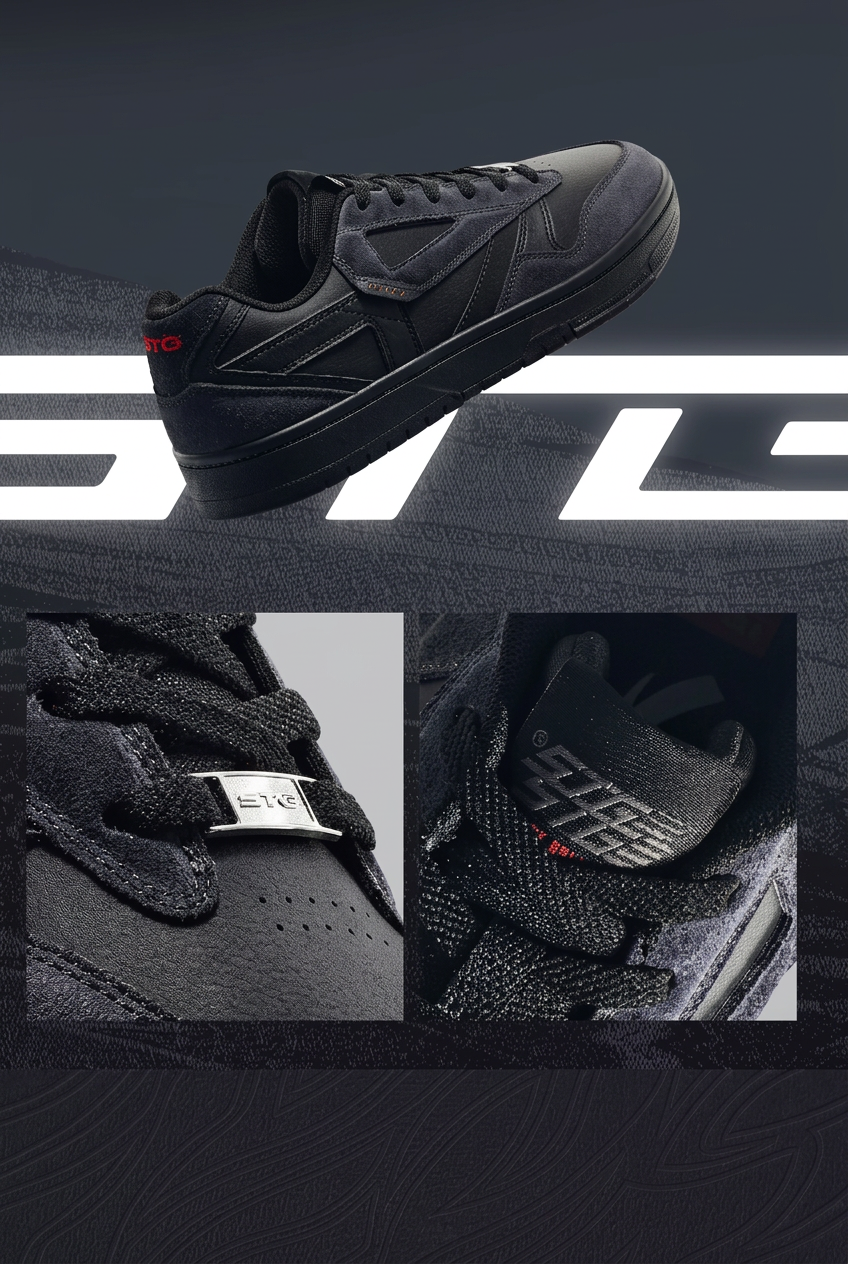 A black athletic sneaker shown in a composite product image, with a large angled view at the top and two smaller detail insets below highlighting the lace area and heel/collar construction. The background is dark gray with a large white stylized logo element behind the shoe.