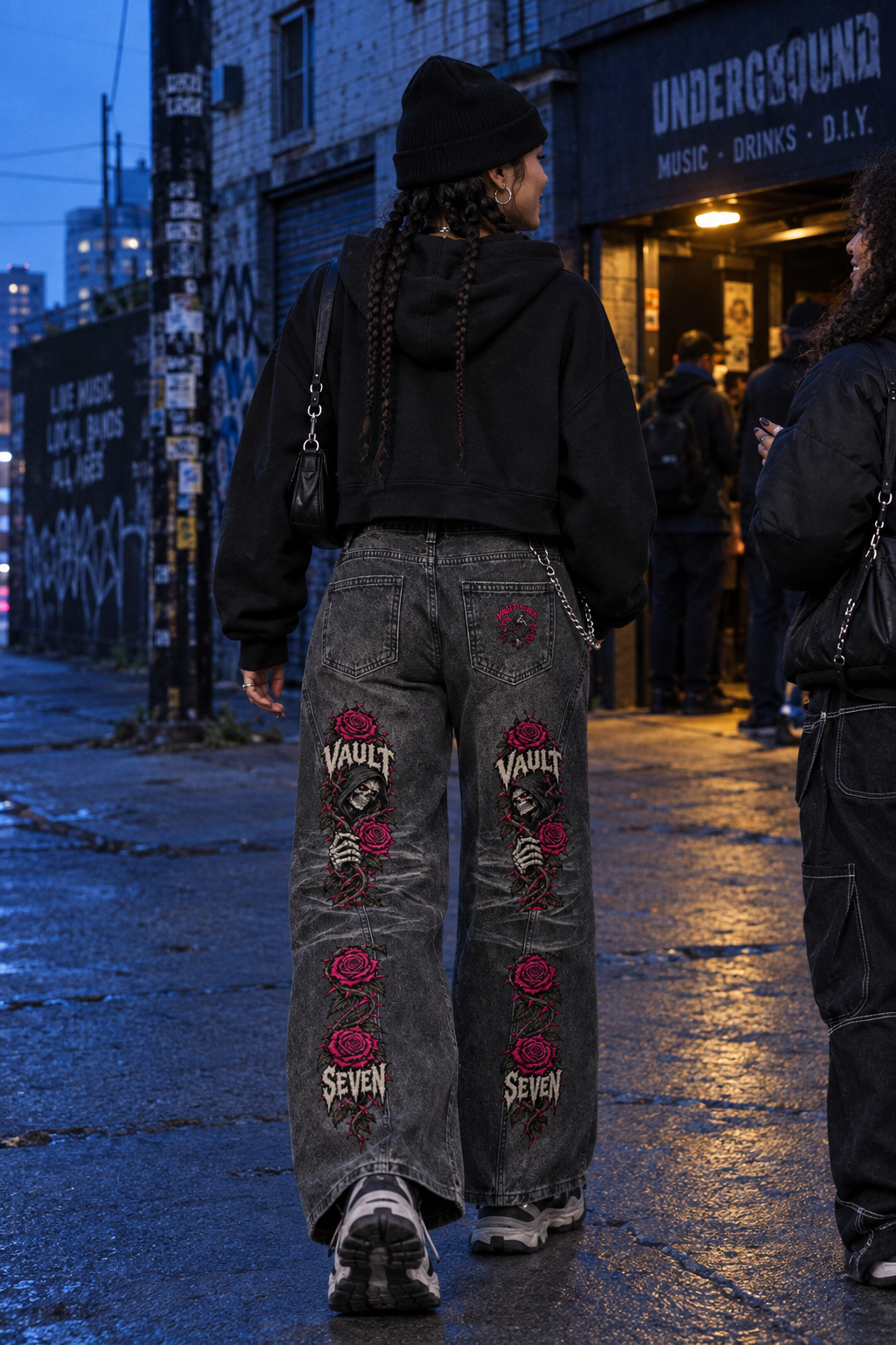 Women’s V7 Skeleton & Roses Wide-Leg Jeans