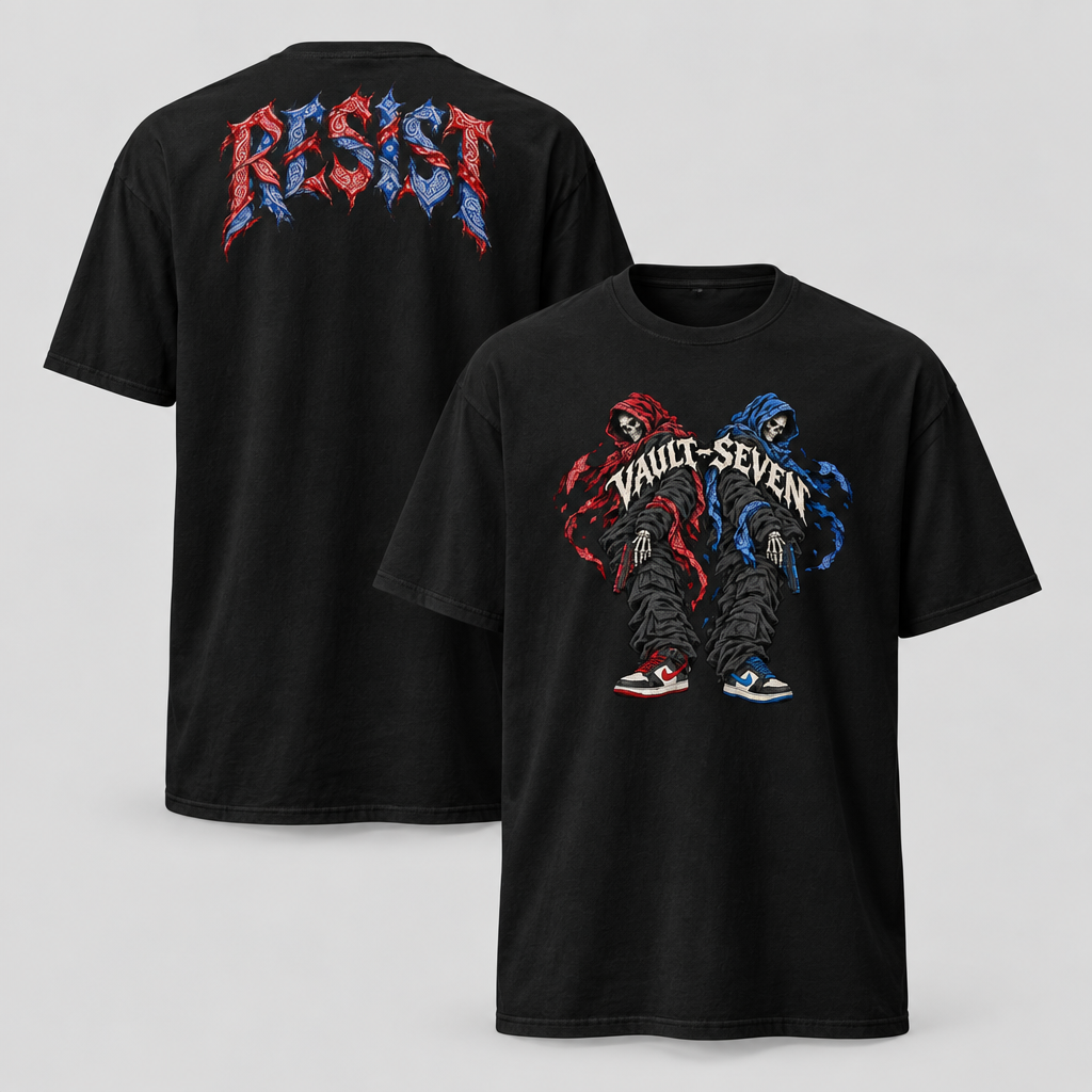 Two black graphic T-shirts shown on a light gray background, with the front and back views overlapping. The front shirt features a large 'VAULT-SEVEN' graphic with two stylized figures in red and blue on the chest, and the back shirt shows a large red and blue 'RESIST' graphic across the shoulders.
