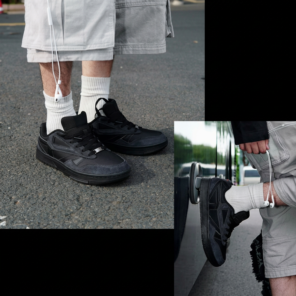 A collage showing a person outdoors wearing black low-top sneakers with white crew socks and light gray shorts. One inset shows a close-up of the shoe being worn, and another shows the shoes on the ground.