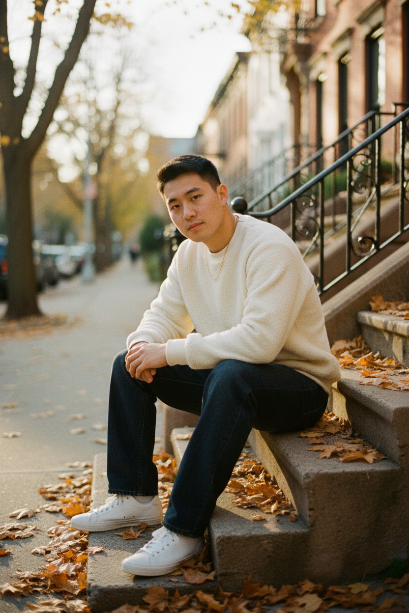 Asian man cream stoop