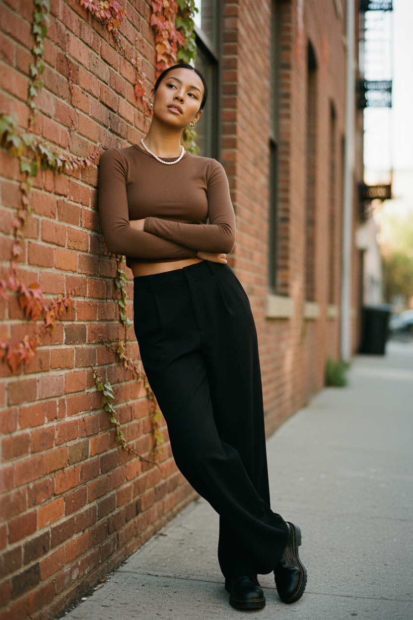 Asian woman brown brick wall