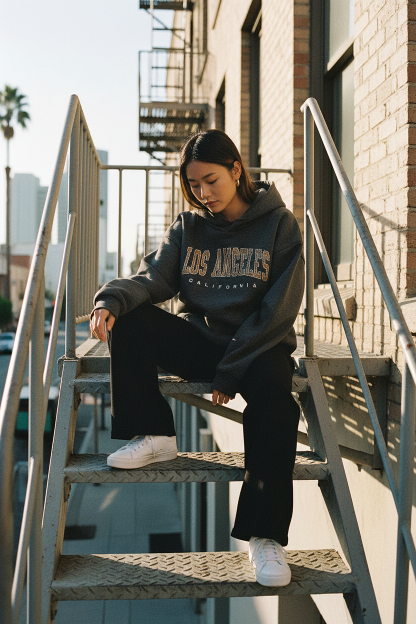 Asian woman gray hoodie