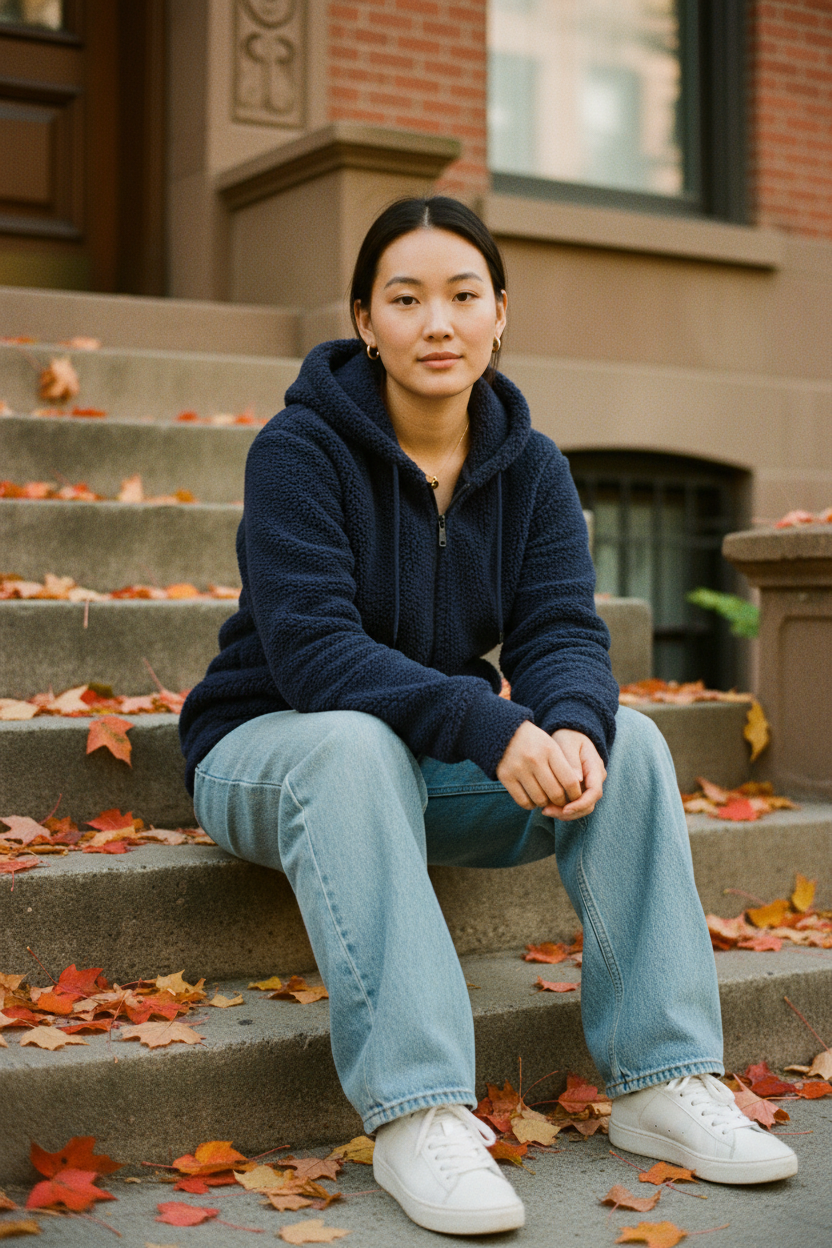 Asian woman navy stoop