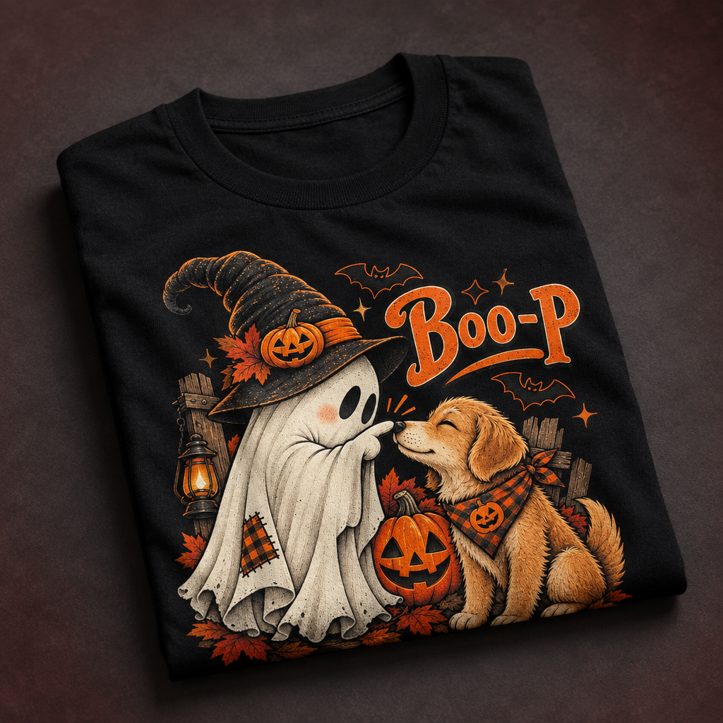 A folded black graphic T-shirt on a dark brown background. The shirt features a Halloween illustration with a ghost in a witch hat, a golden retriever dog wearing a plaid bandana, a jack-o'-lantern, bats, and the text 'Boo-P'.
