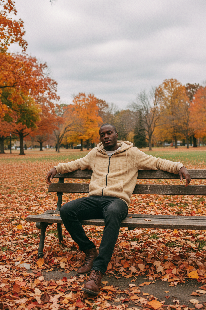 Black man khaki park bench
