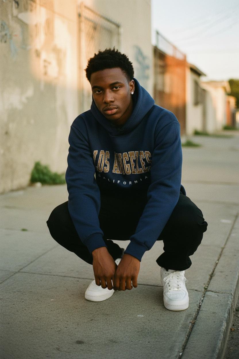 Black man navy hoodie