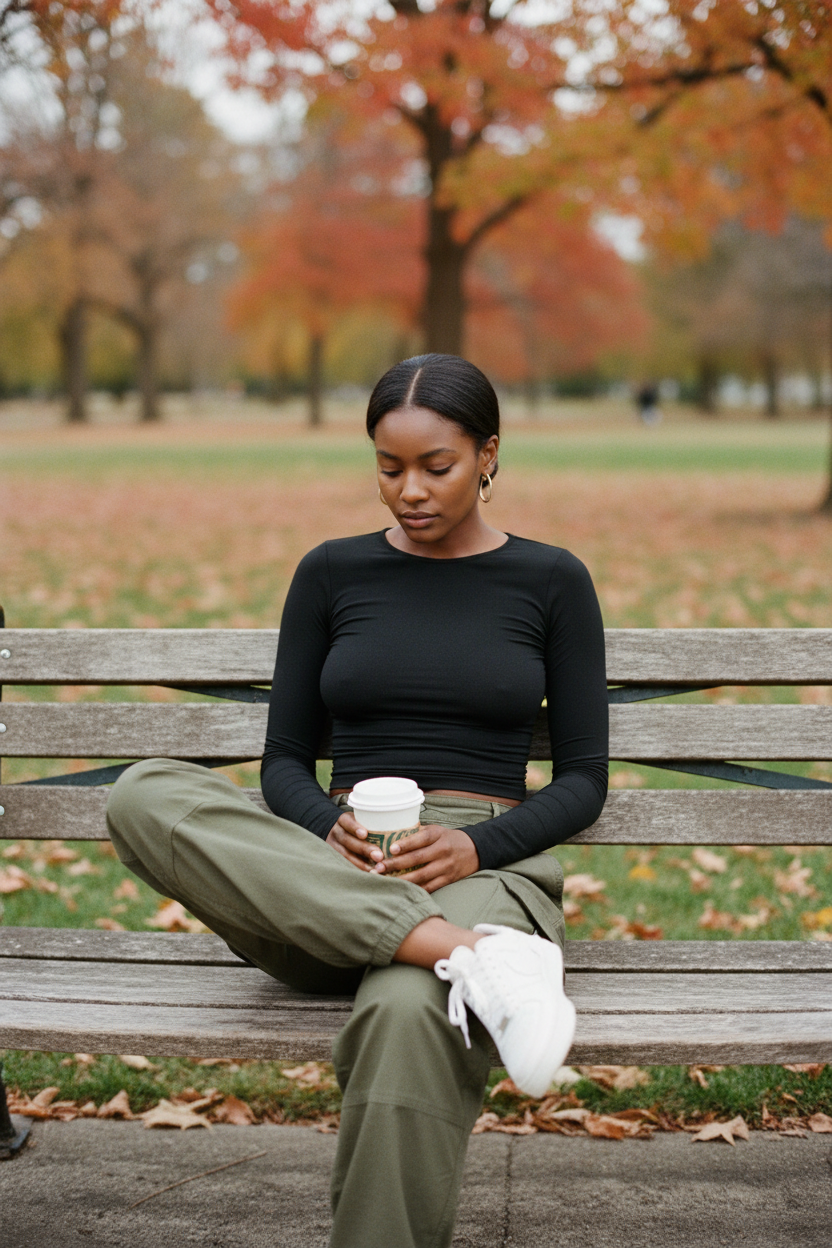 Black woman black bench coffee