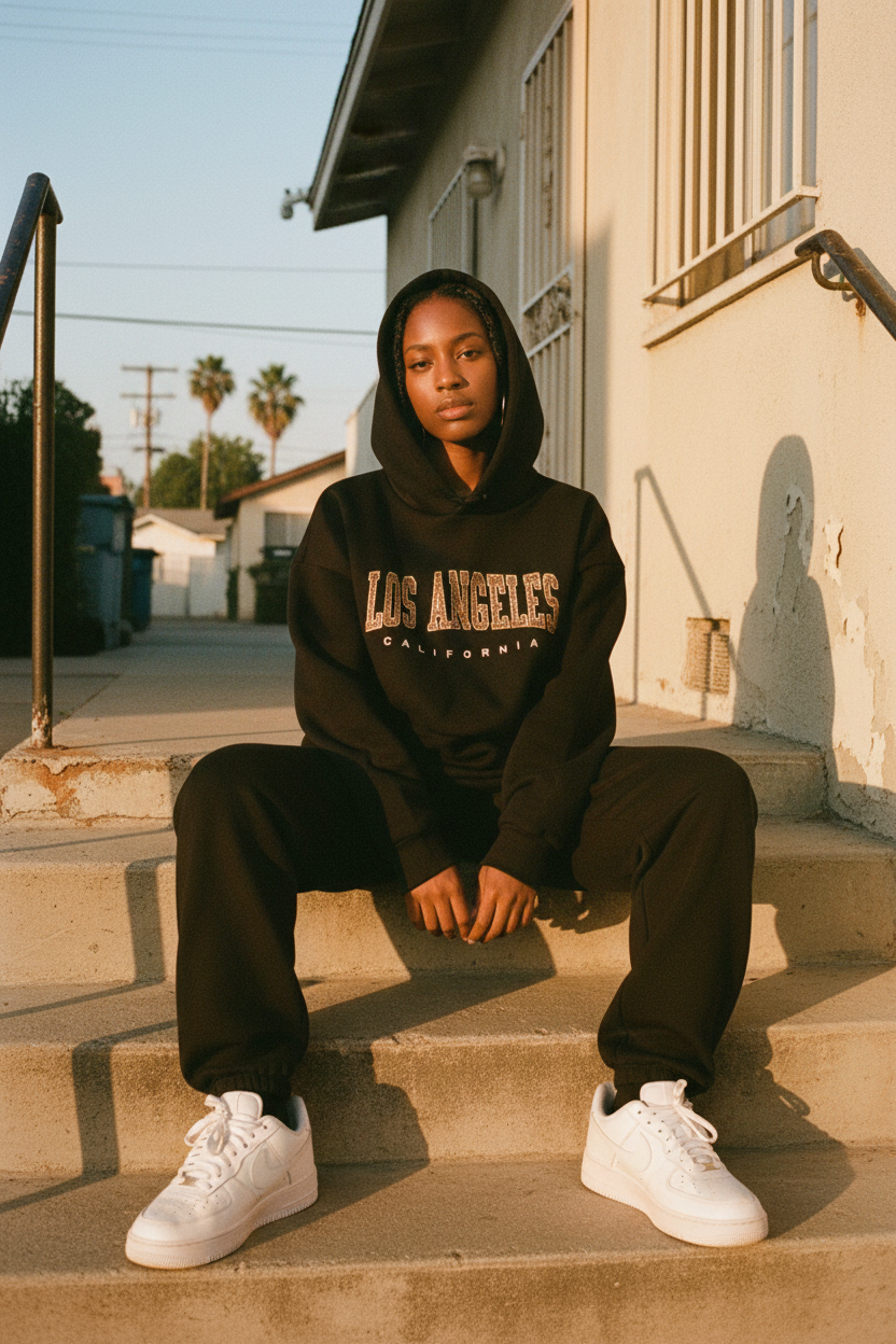 Black woman black hoodie