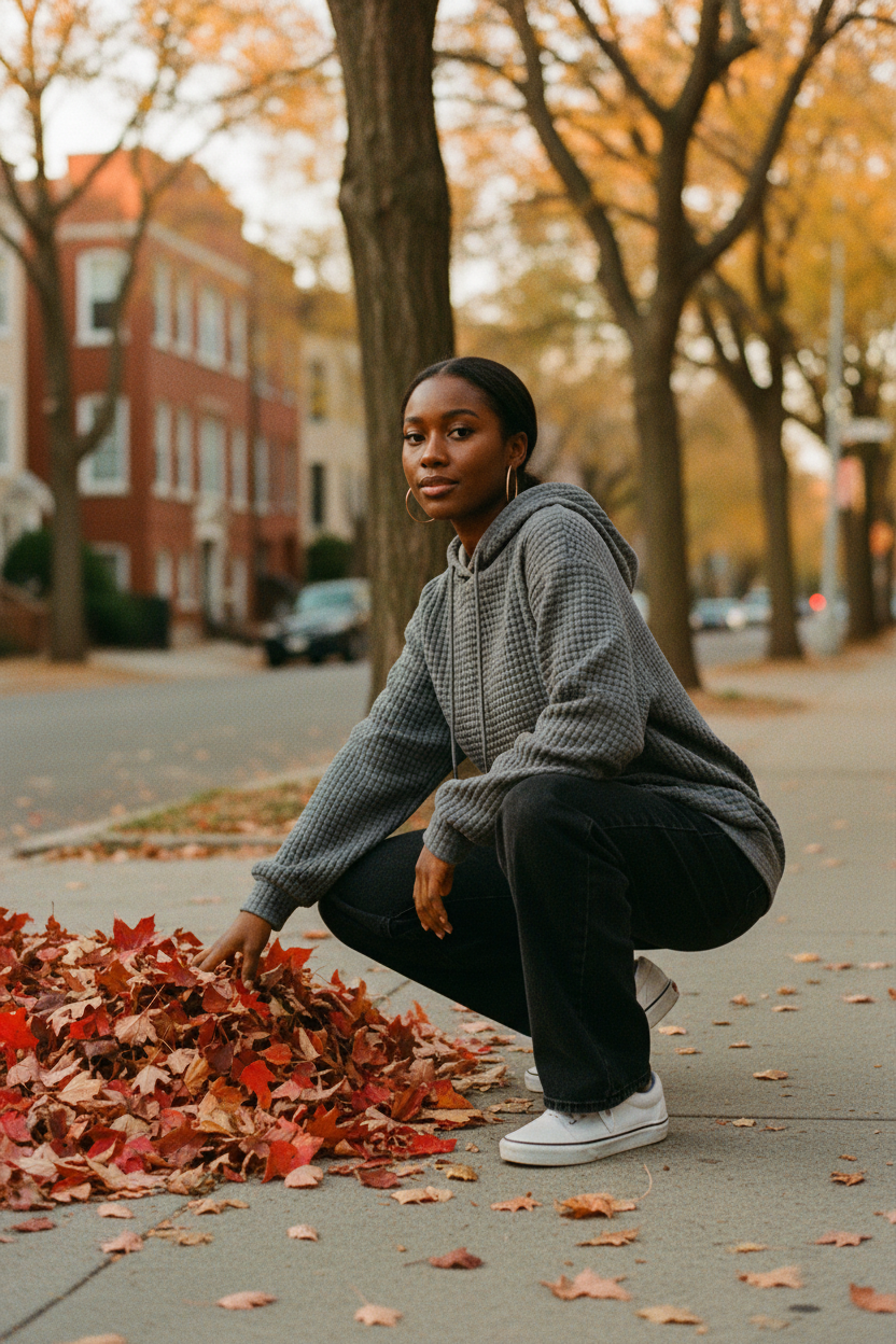 Black woman dark grey crouching
