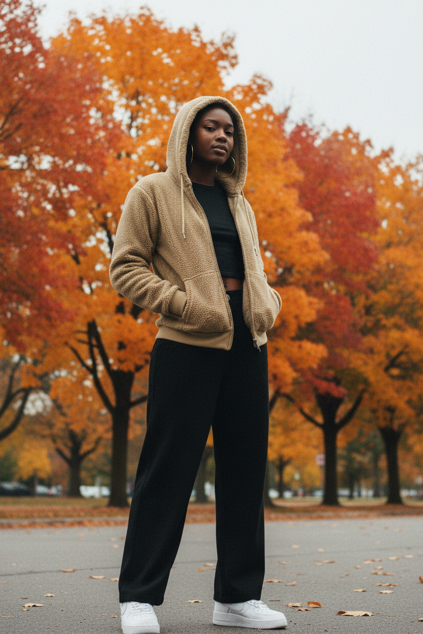 Black woman khaki fall trees