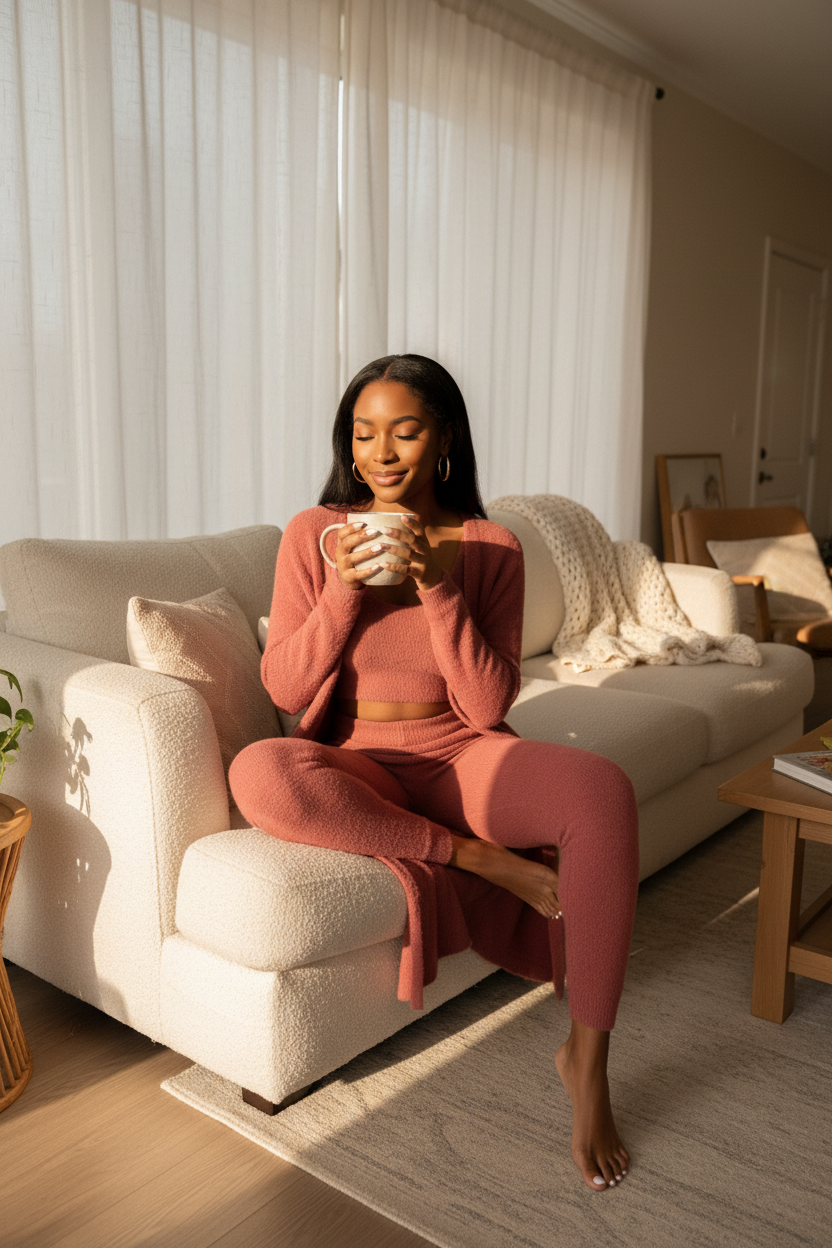 Black woman pink couch