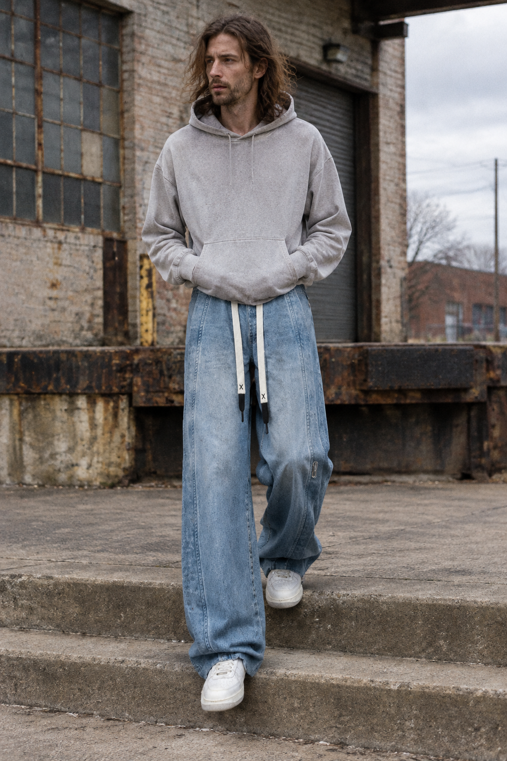A man wearing a light gray pullover hoodie, wide-leg light blue jeans with white drawstrings, and white sneakers, walking down concrete stairs in front of an industrial brick building.
