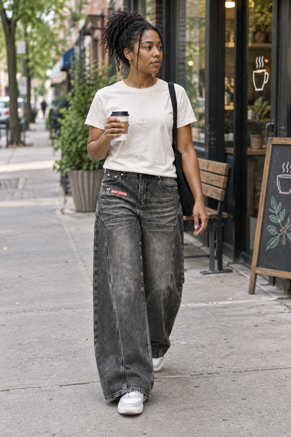 A woman walking on a city sidewalk wearing a white t-shirt, wide-leg faded black jeans with a red and white patch on the left pocket, white sneakers, and carrying a black shoulder bag while holding a coffee cup.