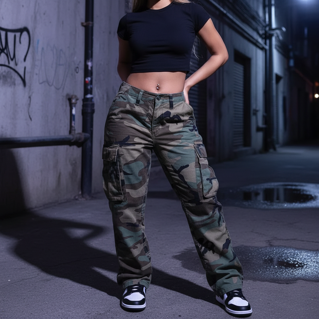 Camouflage cargo pants in a downtown streetwear scene