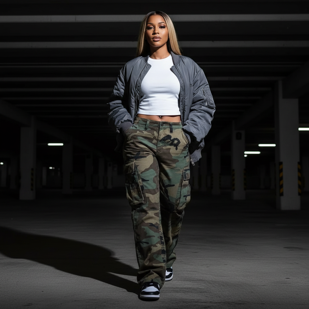 Camouflage cargo pants in a parking garage scene