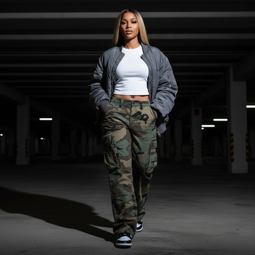 Camouflage cargo pants in a parking garage scene