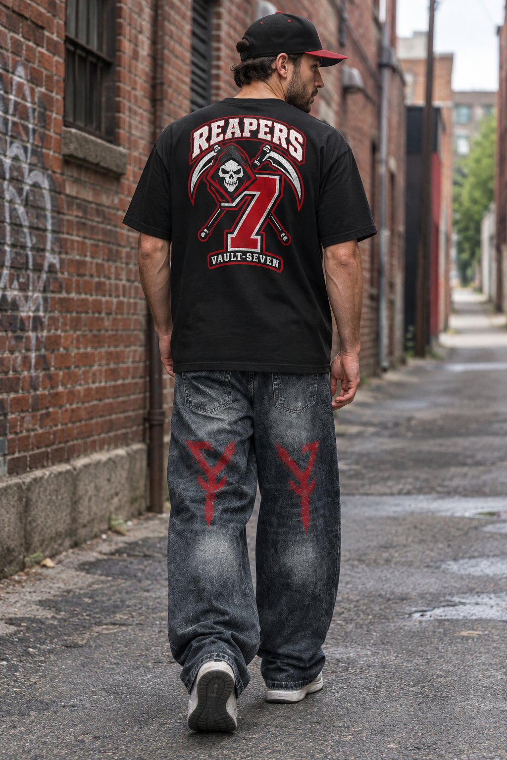 A man wearing a black t-shirt with a red and white 'Reapers' graphic on the back, paired with faded gray jeans featuring red paint-like markings, walking down an urban alleyway.