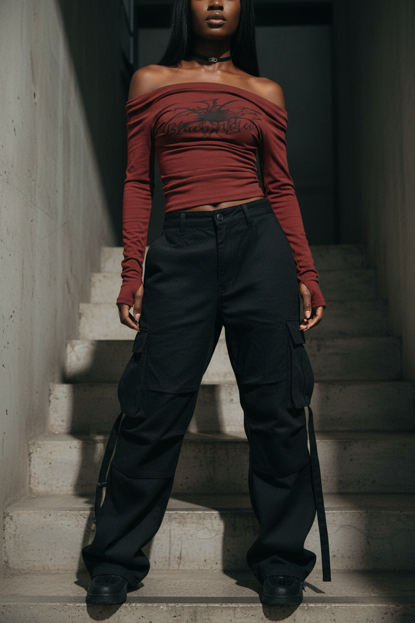 Claret shirt on a Black model in a stairwell