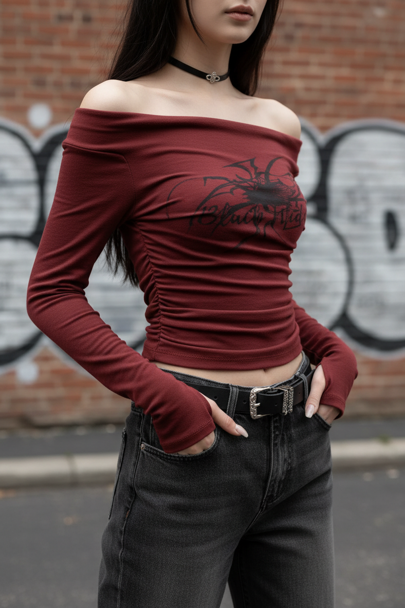 Claret shirt on a white model against a brick wall