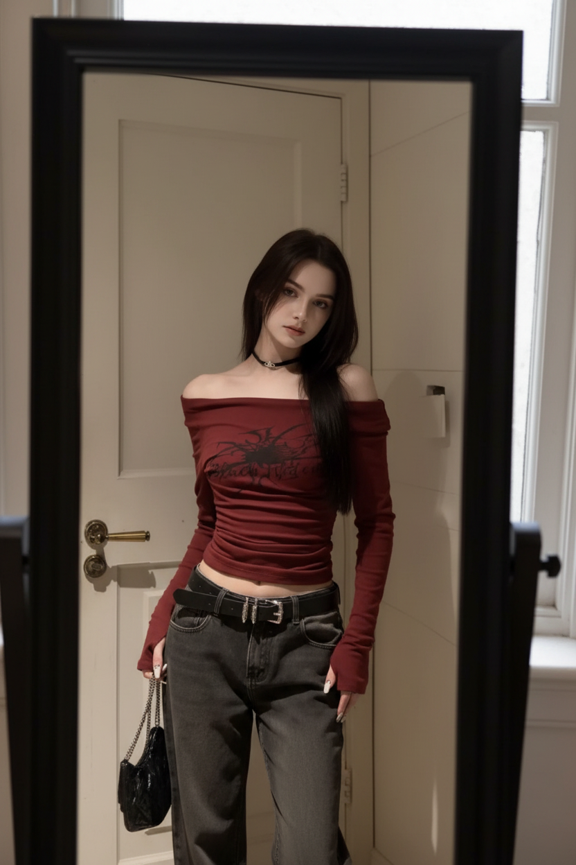 Claret shirt on a white model in a bedroom