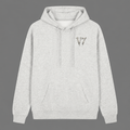 A light heather gray pullover hoodie with a small embroidered patterned 'V7' logo on the left chest, displayed against a solid gray background.