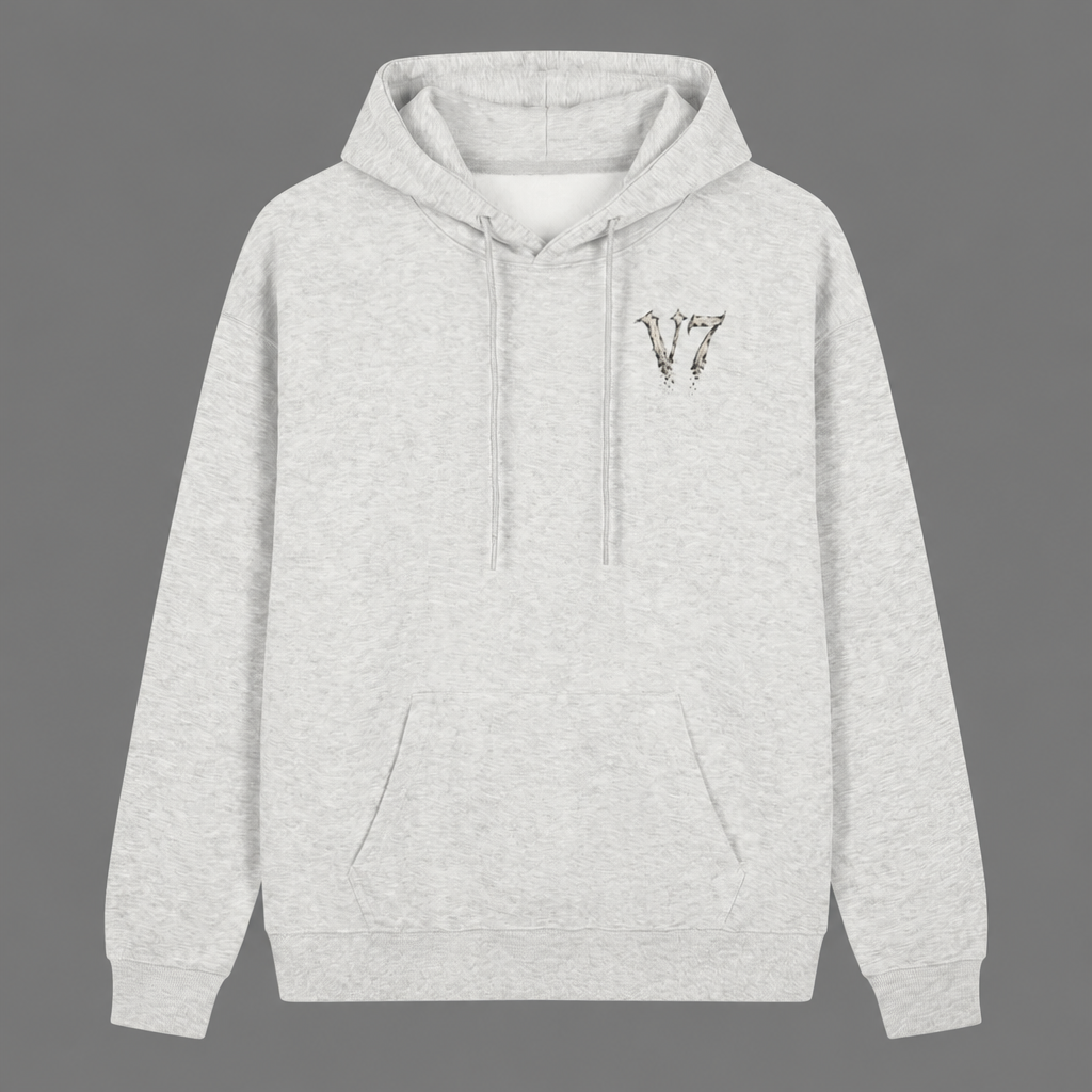 A light heather gray pullover hoodie with a small embroidered patterned 'V7' logo on the left chest, displayed against a solid gray background.