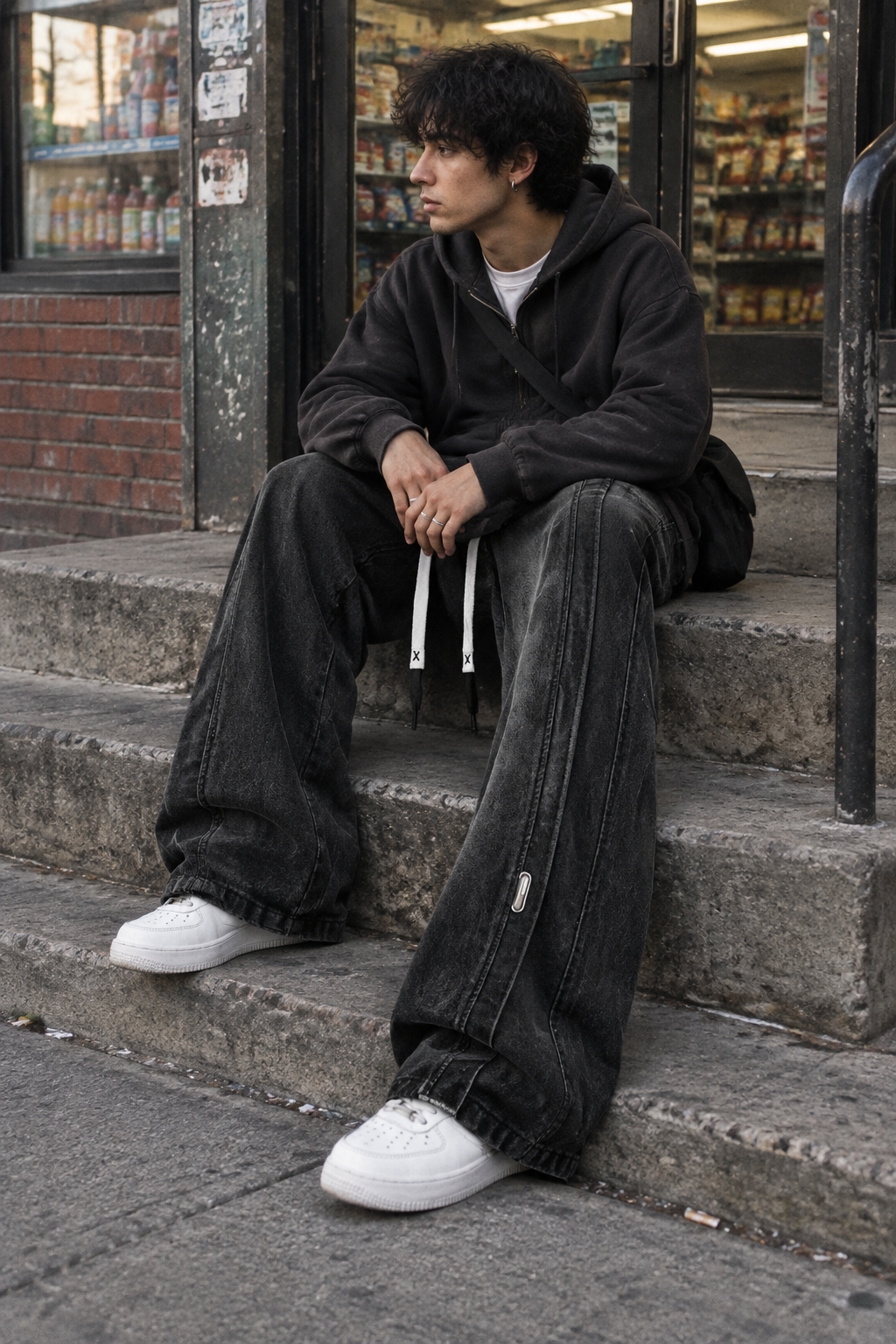 A man sits on concrete steps outside a convenience store, wearing a dark oversized zip-up hoodie, baggy black washed jeans, and white sneakers.