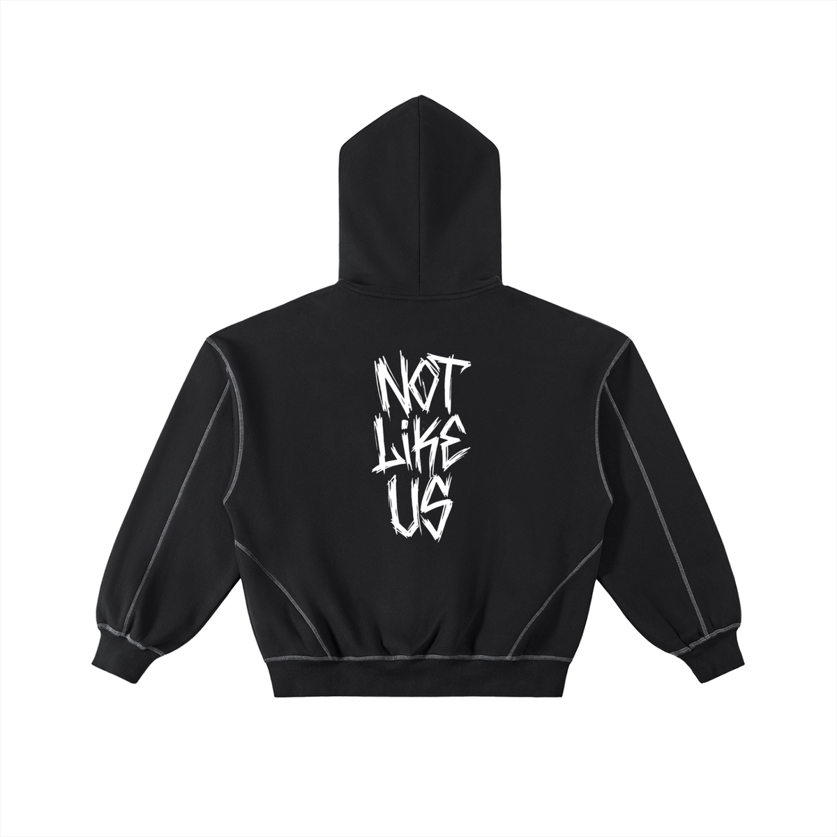 A black cropped hoodie shown from the back, featuring a white distressed graphic that reads 'NOT LIKE US' on the center back. The hoodie has a high hood, ribbed cuffs and hem, and subtle contrast stitching.
