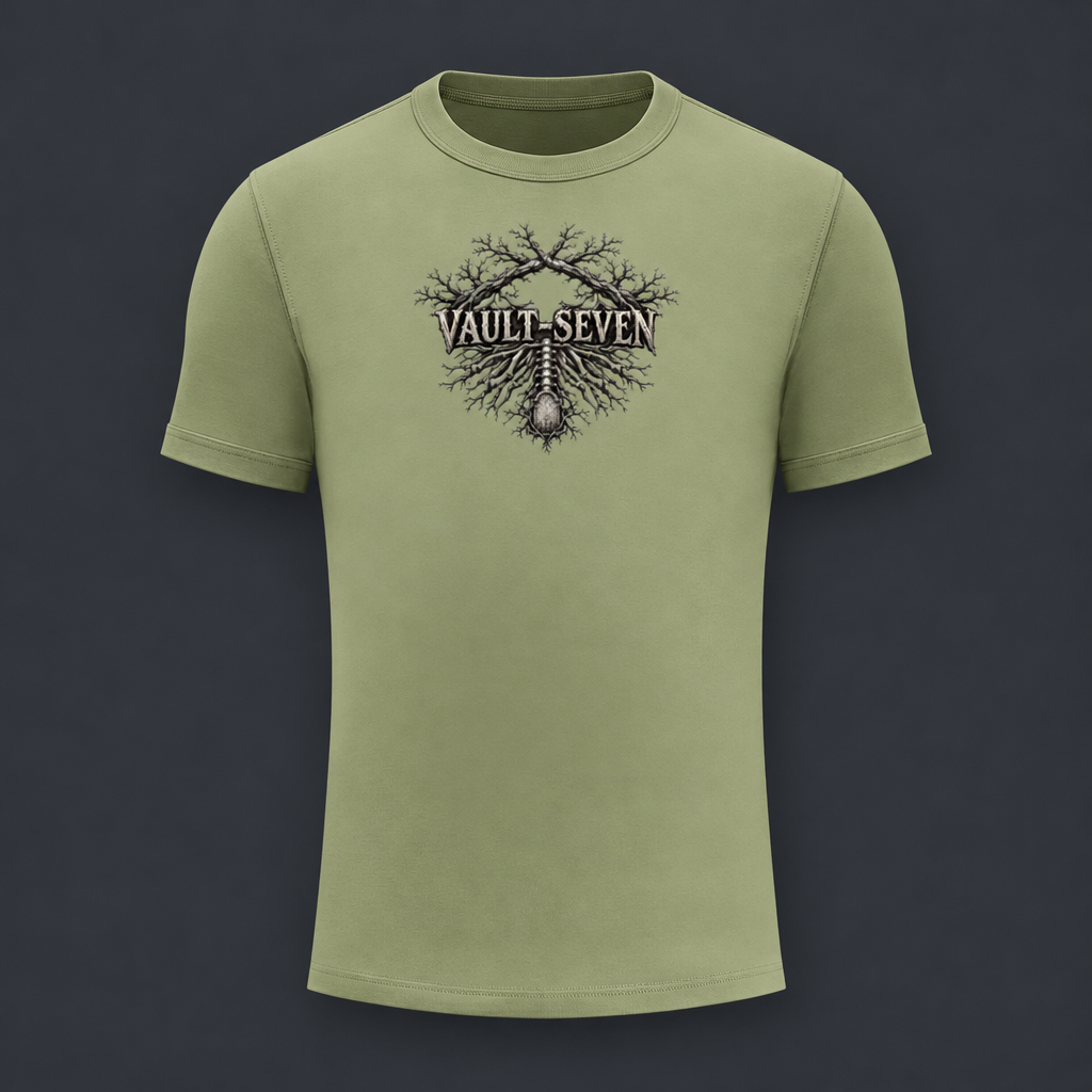 An olive green crewneck t-shirt featuring a dark graphic print on the chest with the text 'VAULT - SEVEN' and a tree-like emblem, displayed against a dark gray background.
