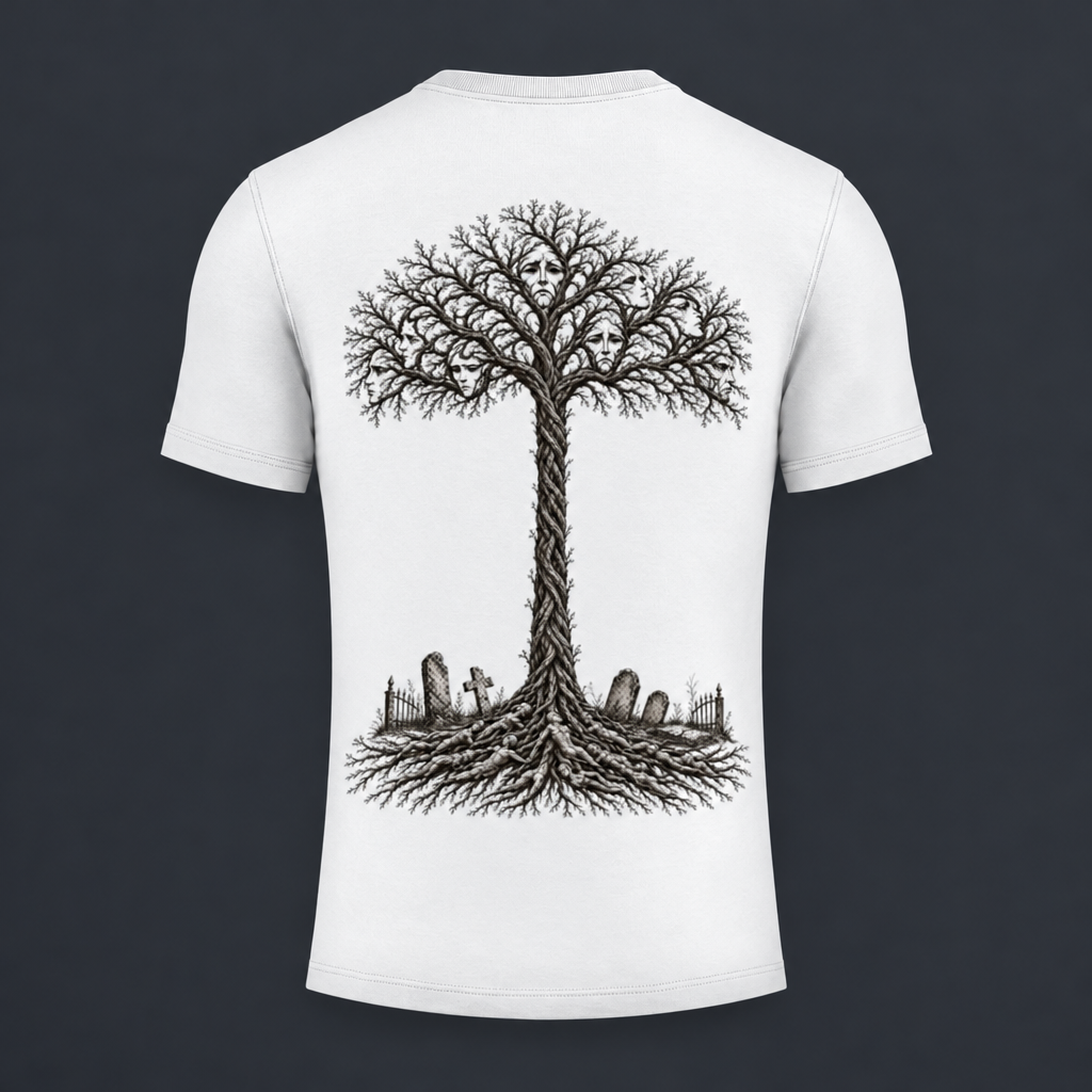 A white short-sleeve t-shirt shown from the back, featuring a large black graphic of a tree with skull-like branches and roots over a graveyard scene, set against a dark gray background.