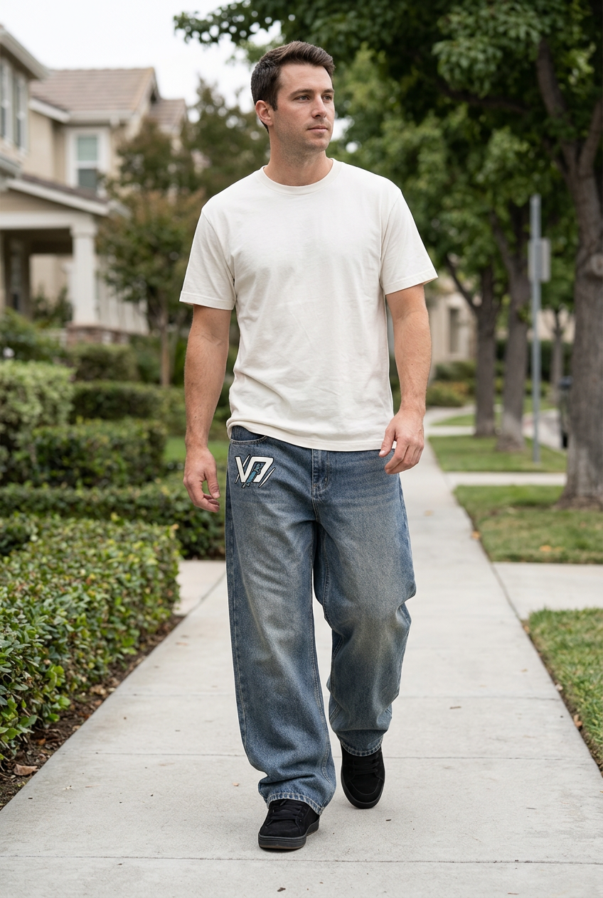 A man walking on a suburban sidewalk wearing a cream-colored t-shirt and baggy blue jeans with a white 'V7' logo on the thigh.