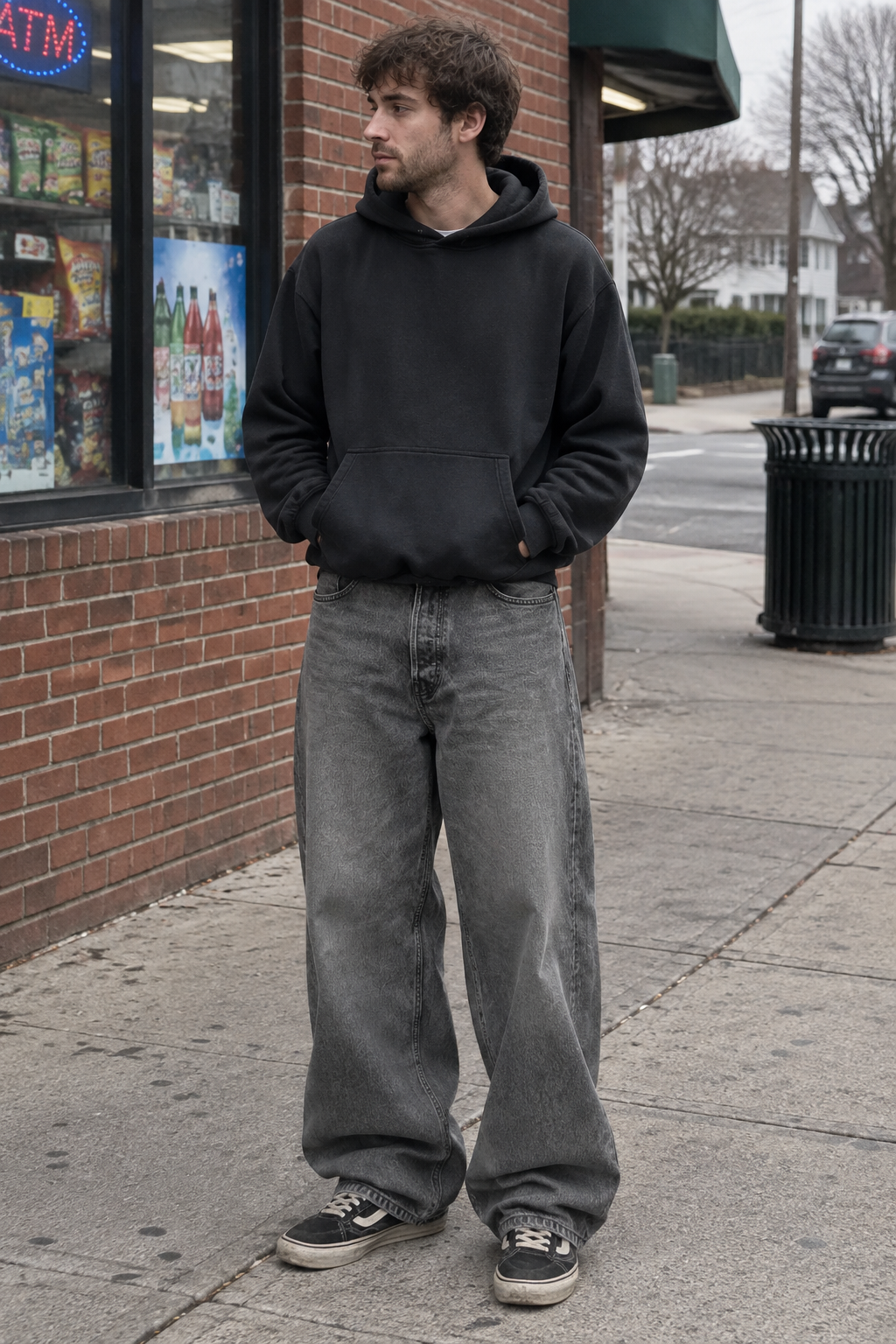 A man standing on a city sidewalk wearing a black pullover hoodie, loose-fit gray jeans, and black sneakers, with a brick store building in the background.