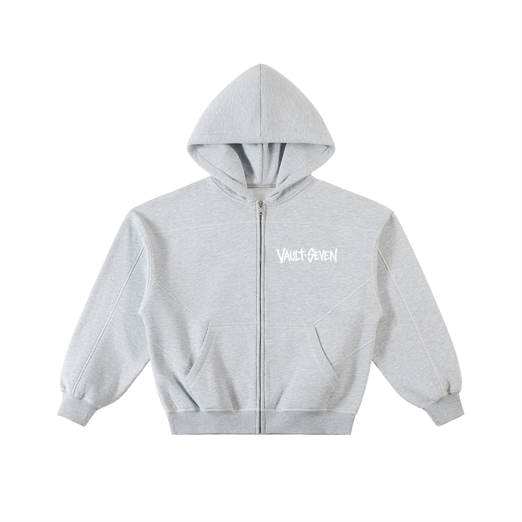 Gray hoodie with a logo on a white background