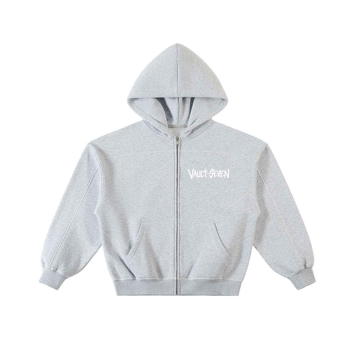 Gray hoodie with a logo on a white background